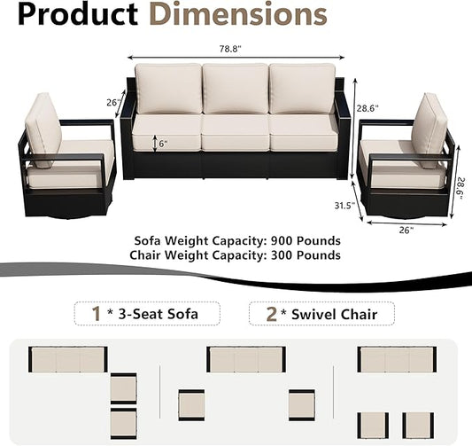 Outdoor Patio Furniture Set, 3-Piece Aluminum Patio Conversation Set All-Weather Metal Outdoor Sectional with 6 Inch Thick Cushions, Deep Setting for Garden, Outside and Porch