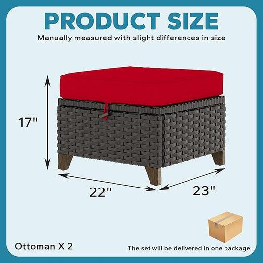 2 Pieces Patio Outdoor Ottomans with Removable and Washable Covers,PE Rattan Wicker Footstools for Porch, Garden, Sunroom (Red)