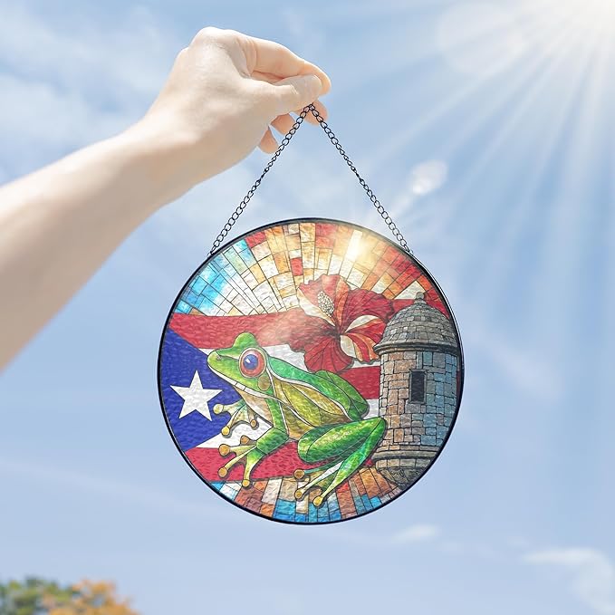 FLAGWIX Christmas Puerto Rico Gifts - Stained Glass Window Hanging 8 in - Puerto Rican Gifts for Women Men, Coqui Sun Catchers Indoor, House Warming Gift for Mom Dad Friend, Christmas Decorations