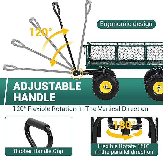 Heavy-Duty Steel Garden Cart, 550 Lb Yard Dump Metal Cart with 4-Side Removable Mesh and All Terrain 10" Tires, Flatbed Convertible Yard Wagon, Green