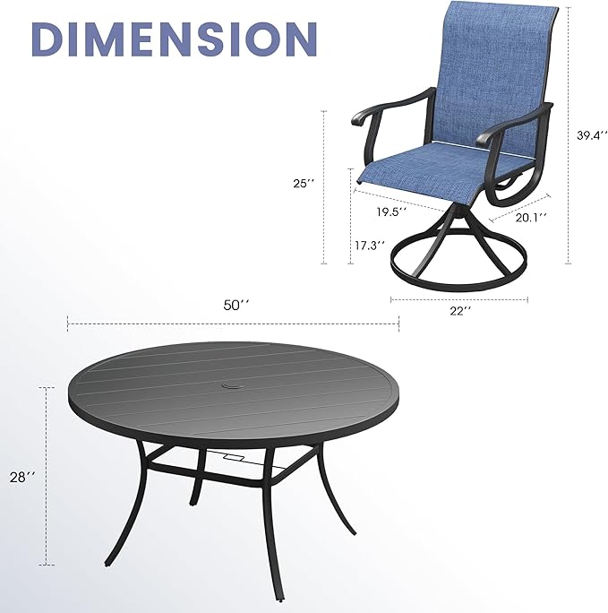 VICLLAX 7 Pieces Outdoor Dining Set, Patio Furniture Set of 6 Patio Swivel Dining Chairs and 50" Patio Round Table, Navy Blue Chairs & Black Tabletop