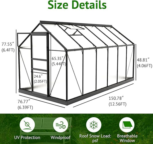 12x6ft Polycarbonate Greenhouse, Heavy Duty Walk-in Aluminum Greenhouse for Outdoors, Garden, Backyard, with Ventilation Window, Rain Gutter, Sliding Door