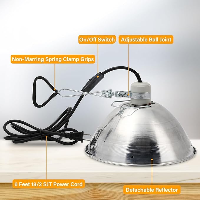 Simple Deluxe Clamp Lamp Light 10.5 Inch Adjustable Aluminum Reflector, Suit for E26 Socket Max 250 Watt Lamp (No Bulb Included), 6 Feet 18/2 SPT-2 Cord, with Bulb Guard, 1 Pack