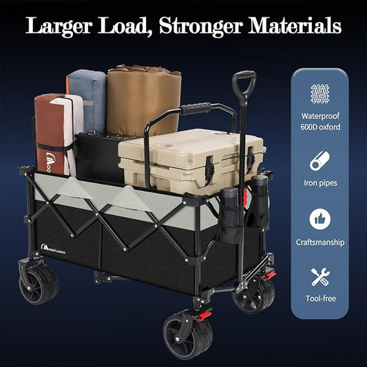 MOON LENCE Collapsible Foldable Wagon Cart, 220L Large Weight Capacity Folding Utility Wagon with All-Terrain Big Wheels, Utility Cart Wagon for Garden, Grocery, Shopping, Camping, Beach, Picnics