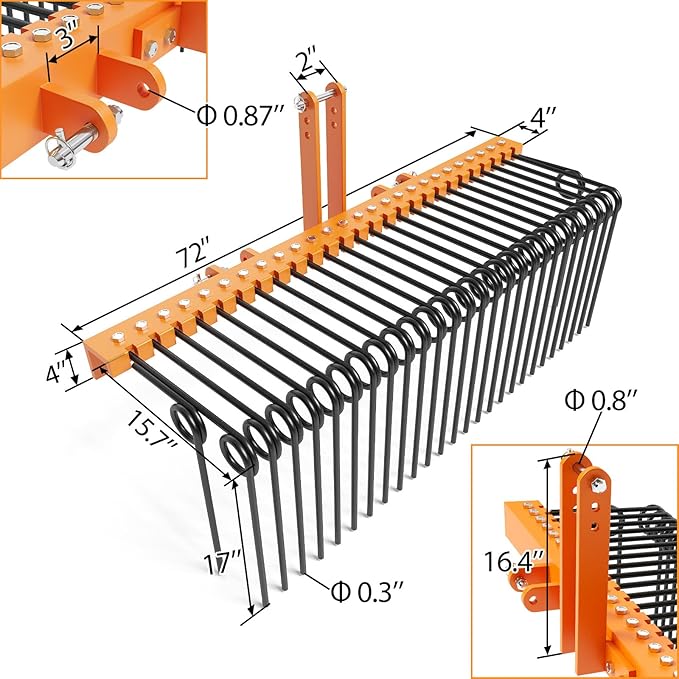 72 Inch Pine Straw Needle Rake, 3 Point Landscape Rake, Powder Coated Steel Spring Tow Behind Rakes, Tractor Attachments for Leaves Straw Grass Attach to Cat 0 Cat 1, Orange