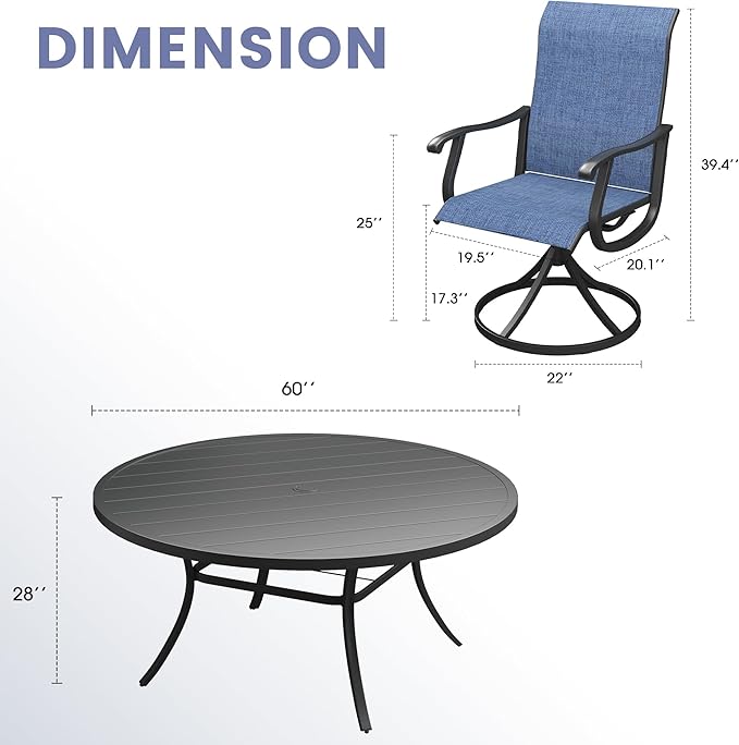 VICLLAX 9 Pieces Outdoor Dining Set, Patio Furniture Set of 8 Patio Swivel Dining Chairs and 60" Patio Round Table, Navy Blue Chairs & Black Tabletop