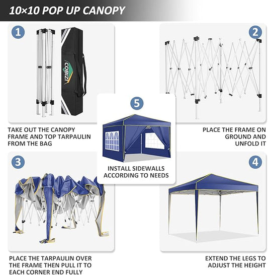 COBIZI 10x10 Pop Up Canopy Tent with 4 Removable Sidewalls, One Person Setup, Outdoor Event Commercial Canopy, UV Protection 50+, 3 Adjustable Heights, Carry Bag, Sandbag, Stakes & Ropes, Navy Blue