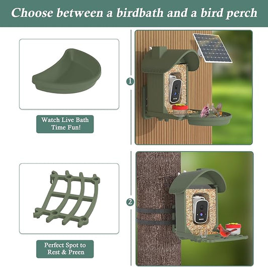 Bird Feeder with Camera, 2-in-1 Bird Bath and Perch, 3K Live View, Squirrel-Proof Cable, 2.4G WiFi, AI Detection, Instant Arrival Alerts, Backyard Birdwatching Gift for Birdlovers