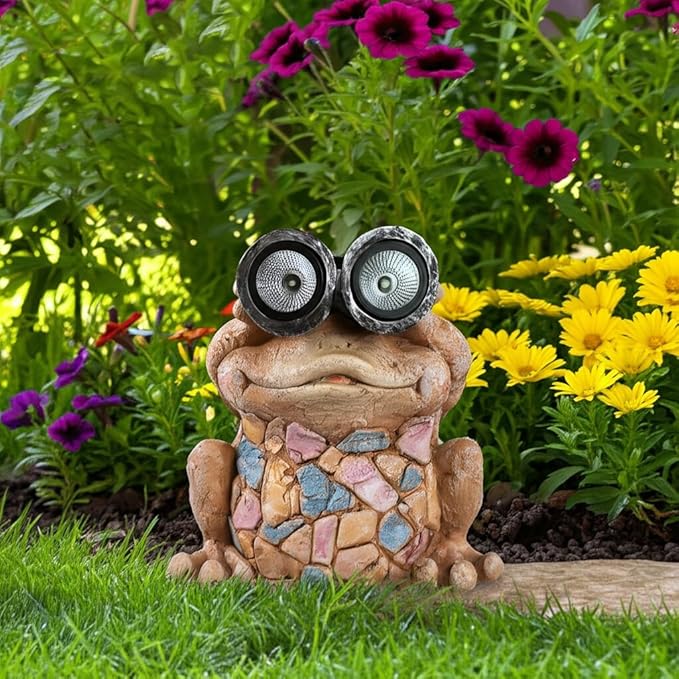 Solar Frog Garden Statue with LED Eyes – Resin & Polyresin Garden Sculpture, Ideal for Outdoor Lawn, Patio or Yard, Statue Home Decor Perfect for Outdoor Spaces – 12", Multi-Color Finish