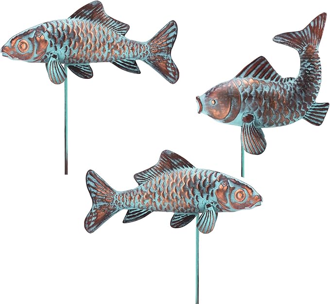 Set of 3 Outdoor Garden Koi Fish Sculptures & Statues Antique Copper Fish Yard Décor, Metal Koi Figurine Ornaments for Outdoors,Patio Decor,Backyard and Home Kitchen Decorations