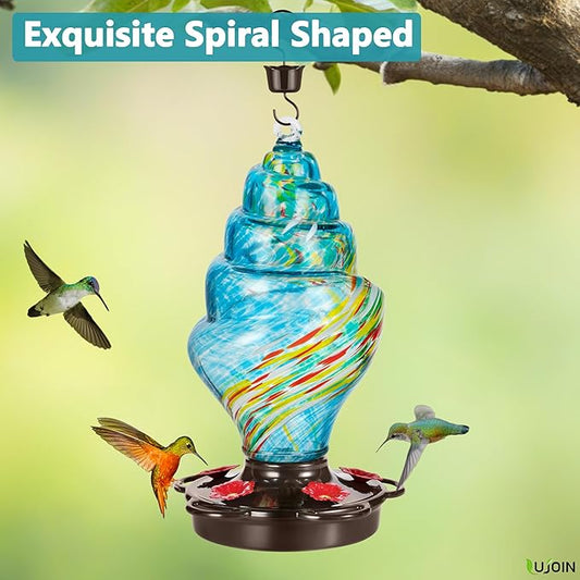 Spiral Shaped Hummingbird Feeder for Outdoors, Hand Blown Glass, 25 fl.oz, Leak Proof & Rustproof, Includes an Ant Moat, Metal Cover with 5 Feeding Ports & 5 Perches, Blue