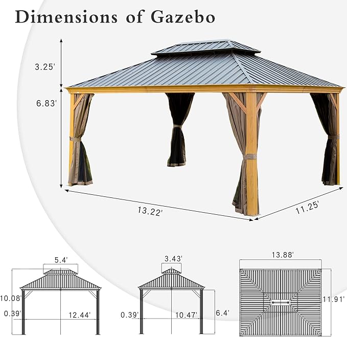 Domi Outdoor Living 12’x14’ Hardtop Gazebo, Wooden Coated Aluminum Frame Canopy with Galvanized Steel Double Roof, Outdoor Permanent Metal Pavilion with Curtains and Netting for Patio, Deck and Lawn