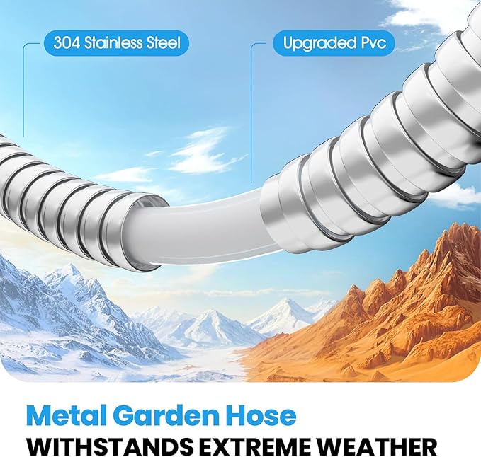 Garden Hose Metal 25 FT, Flexible Stainless Steel Water Hose with 10 Function Nozzle, Kink Free, Lightweight & Durable, Crush Resistant Fitting, Puncture Proof Hose for Yard, Rv, 600 PSI 2025 New