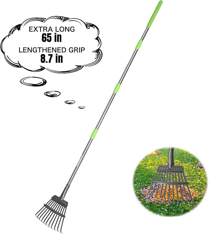 Joyhalo Small Leaf Rake, 8.5 Inch Wide Head with 11 Tines, Metal Garden Rake with Adjustable Handle 38.5 to 65 Inch for Gardening, Leaves, Weeds, Debris