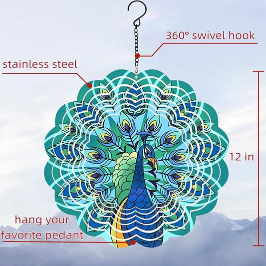 Metal Wind Spinners Outdoor Hanging Wind Spinner for Yard and Garden Decor for Outside-12In 3D Stainless Steel Peacock Wind Chime Gifts for Women Mom