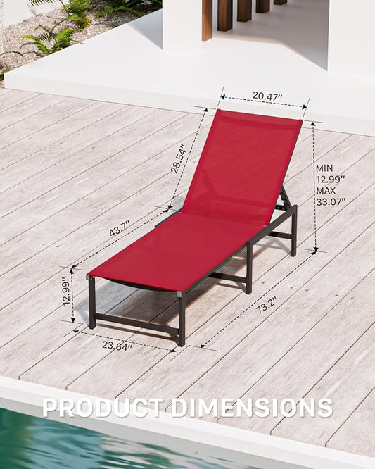 Chaise Lounge Chair Outdoor, Aluminum PatioChairs with 5 Adjustable Backrest and HeadrestPillows for Outside Beach,Red