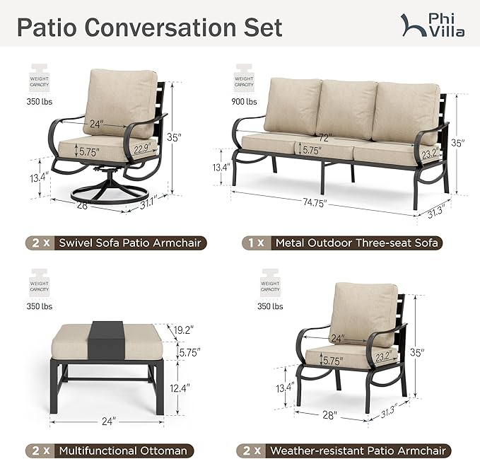 PHI VILLA 7 PCS Patio Furniture Set,Metal Outdoor Furniture with 1x 3 Seater Cushioned Deep Seating Bench Sofa, 2 Swivel Chair, 2 x Leg Chairs & 2 Ottoman,Outdoor Seating for 7 Person