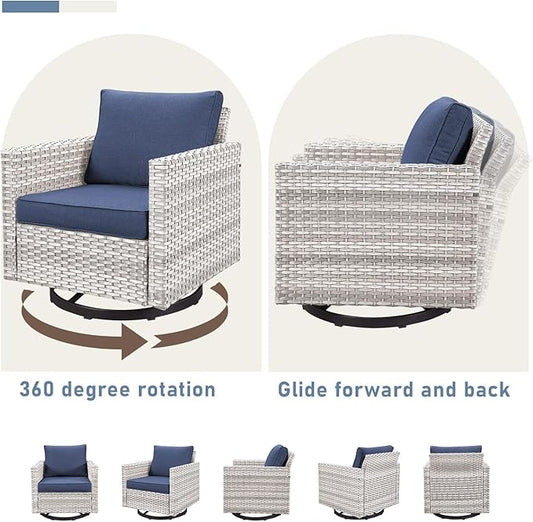 Wicker Outdoor Swivel Chairs Set of 4 with Fire Pit Table, 5 Pieces Patio Furniture Set with Fire Pit Table for Yard, Deck, Garden, Light Beige/Blue