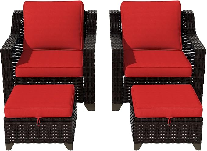 Vista Vibe 4 Pieces Outdoor Patio Conversation Furniture Set - 2 Luxurious Armchairs | 2 Wicker Ottomans, Removable Cushions, Hand-Woven PE Rattan, Office, Porch (Brown/Red)