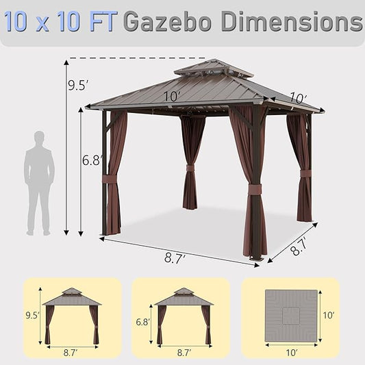 Hardtop Gazebo 10' x 10', Outdoor Aluminum Frame Galvanized Steel Double Roof Pavilion with Netting and Shaded Curtains, Permanent Metal Pergolas for Patio, Backyard, Deck and Lawns.