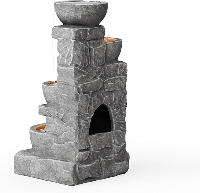 Teamson Home 33.25 in. Cascading Bowls and Stacked Stones LED Outdoor Water Fountain for Gardens, Landscaping, Patios, Balconies, and Lawns for a Calming Oasis in Outdoor Living Spaces, Stone Gray