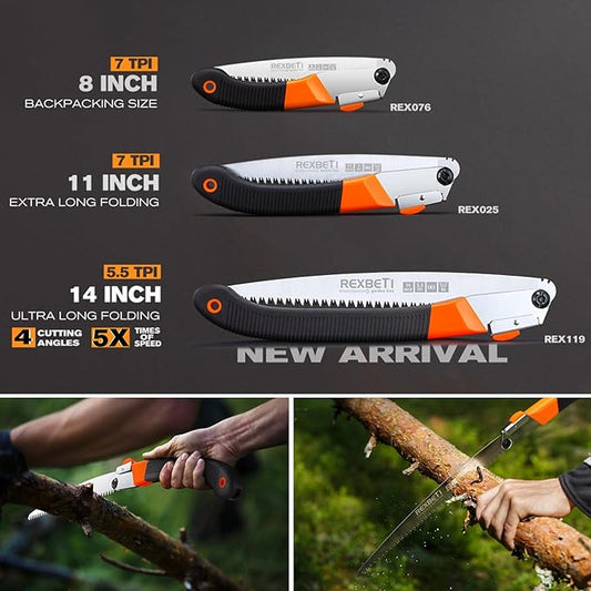 REXBETI Folding Saw, Heavy Duty 11 Inch Extra Long Blade Hand Saws for Wood Camping, Dry Wood Pruning Saws With Hard Teeth, Quality SK-5 Steel
