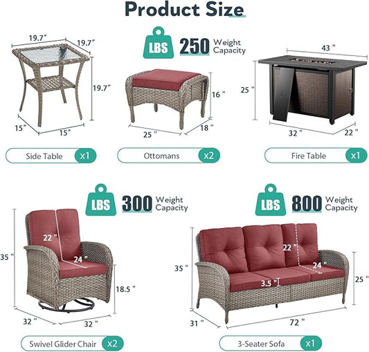 7 Piece Patio Furniture Set with Fire Pit Table - Wicker Patio Conversation Set with Swivel Glider, 3 Seat Sofa, Side Table and 2 Ottomans for Deck Backyard - Grey Wicker Red Cushion