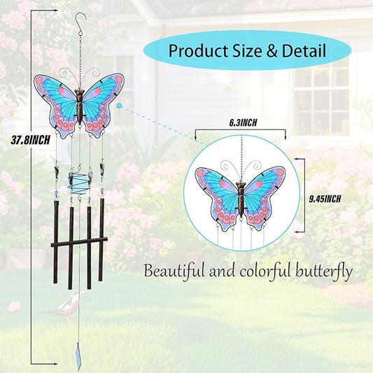 MUMTOP Butterfly Wind Chimes for Outside, Stained Glass Wind Chime Windchimes for Patio, Outdoor,Garden,Yard,Coastal,Window,Home Decor or Gifts for Women(Blue & Red)