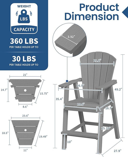 Ciokea Tall Adirondack Chairs Set of 4, HDPE Outdoor High Back Adirondack Chair with Double Connecting Tray, Weather Resistant Balcony Chairs for Deck, Lawn, Pool, Backyard, Gray