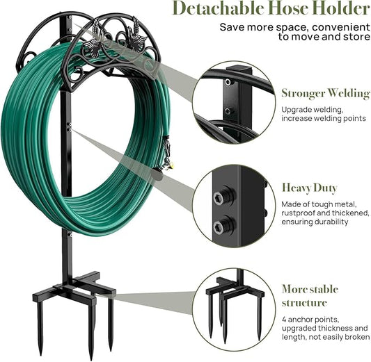 Garden Hose Holder Detachable, Heavy Duty Metal Water Hose Hanger Freestanding Hose Organizer Hose Holders for Outside (Black)