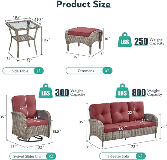 6 Piece Patio Furniture Set - Wicker Patio Conversation Set with Swivel Glider, 3-Seater Sofa, Tempered Glass Side Table and 2 Ottomans for Deck Backyard - Grey Wicker Red Cushion