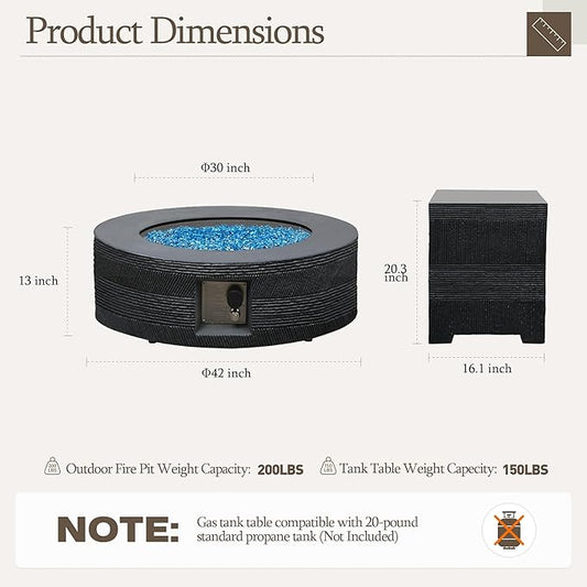 UPHA 42-inch Outdoor Propane Gas Fire Pit Table 50000 BTU Concrete Round FirePit for Outside Patio with Propane Tank Cover, Navyblue Fire Glass, Rain Cover, Grey Texture