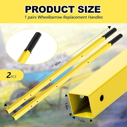 Gisafai 1 Pair Wheelbarrow Replacement Handles Kit 60 Inches Metal Wheelbarrow Handles Heavy Duty Yellow, Easy Install