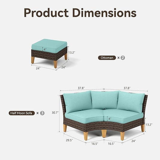 GREEN PARTY 8 Pieces Wicker Patio Furniture Set, All-Weather Outdoor Rattan Half-Moon Curved Patio Sectional Sofa Conversation Set with 4" Thick Cushions for Garden, Backyard, 2 x Ottomans (Blue)