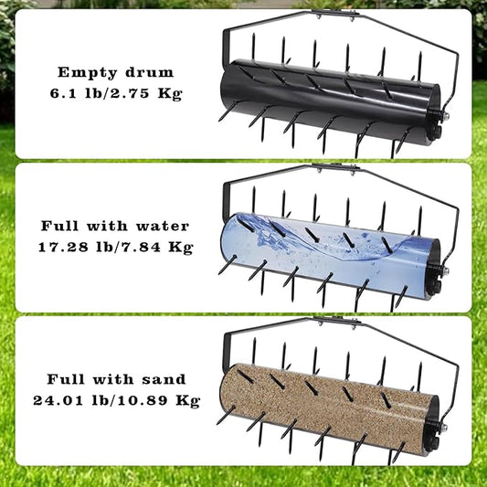 Upgraded 18-inch Heavy Duty Rolling Lawn Aerator | Weight-Adjustable Drum (Add Water/Sand) | 50" Quick-Clip Handle & 5-Minute Setup | Manual Lawn Tool for Garden Yard