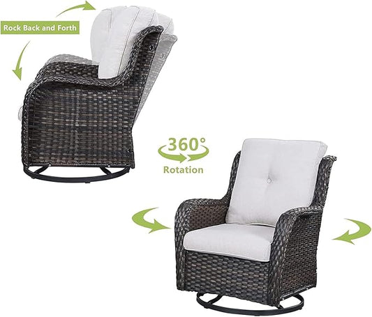 HUMMUH Patio Furniture with Fire Pit 4-Piece Wicker Outdoor Sectional Couch and Swivel Rocking Chairs, Propane Fire Pit Conversation Set for Garden, Backyard, Deck