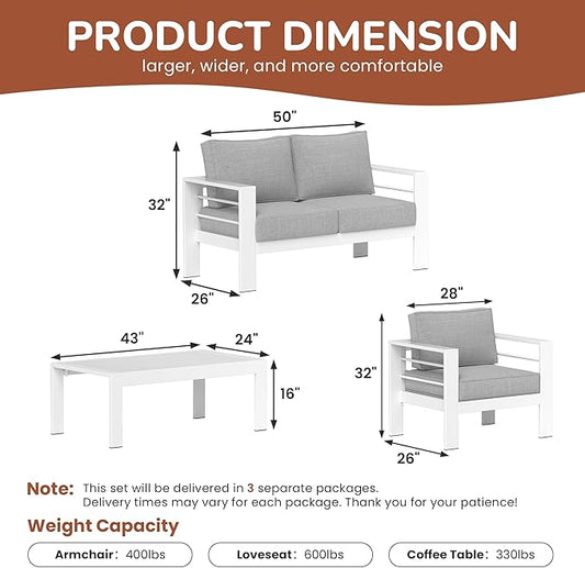 Solaste Outdoor Aluminum Furniture Set - 4 Pieces Patio Sectional Chat Sofa Conversation Set with Table,White