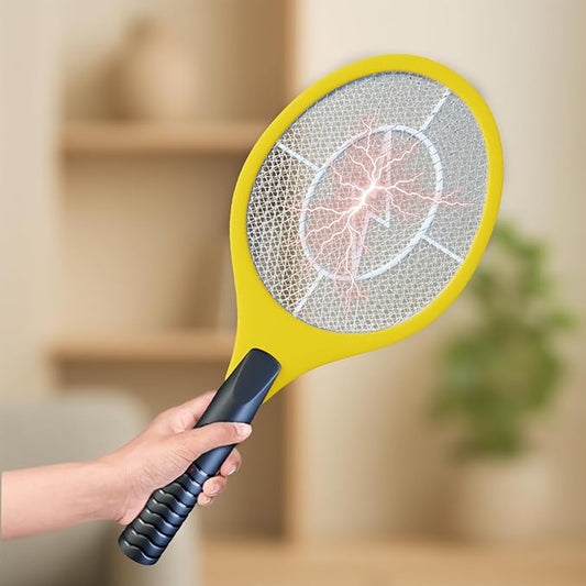 Bug Zapper 18" Electric Fly & Mosquito Swatter Racket - Outdoor/Indoor Killer for Flies, Battery-Operated Tennis Killing Zap, 3000 Volts Electronic Catcher, 2 AA Batteries Included - Yellow