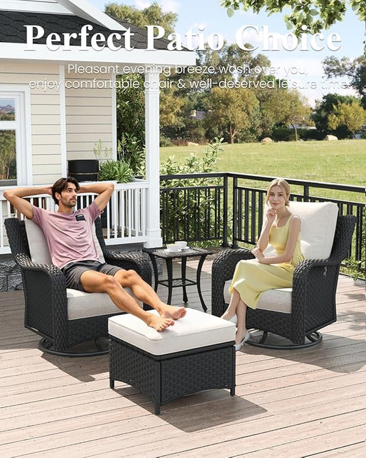 LayinSun 5 Piece Wicker Outdoor Furniture Set with 6-inch Comfy Cushions, High Back Patio Furniture Set with Swivel Rocking Chairs and Fire Pit Table