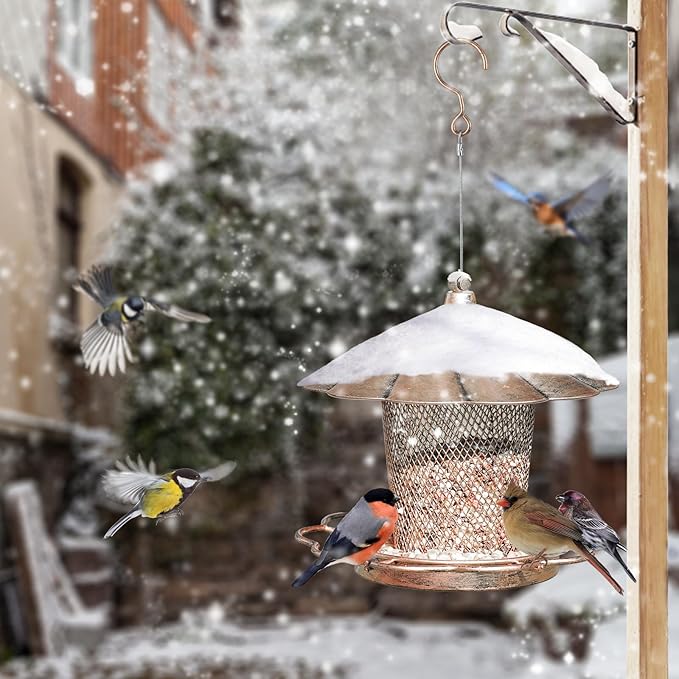 LBTING Bird Feeder for Outdoor, Squirrel Proof Metal Wild Bird Feeder for Hanging Outside Garden Yard Decoration, Flower Petals Shaped with Roof