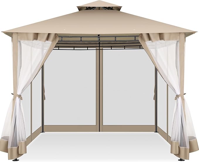COBIZI Gazebo 10x10 Heavy Duty Gazebos with Improved Nettings Outdoor Gazebo Canopy Double Roof Patio Gazebos with Metal Steel Frame for Patio, Deck, Backyard (Khaki)