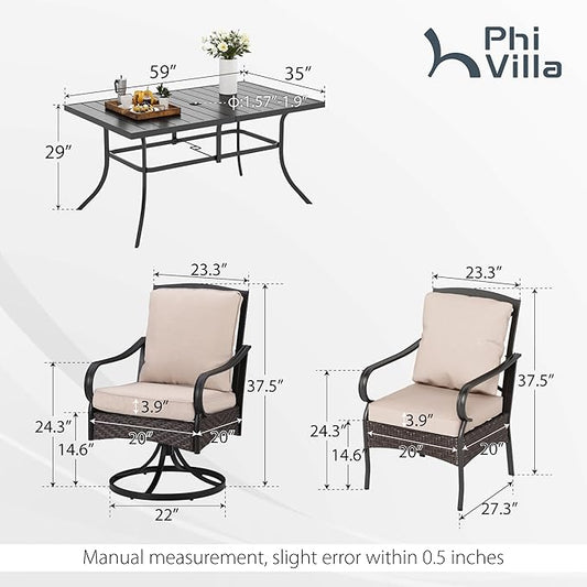 PHI VILLA Outdoor Dining Set for 6, Outdoor Table and Chairs Set for 6, 4 Extra Large Dining Chairs & 2 Swivel Chairs, Rectangular Metal Slat Dining Table for Deck, Backyard and Garden