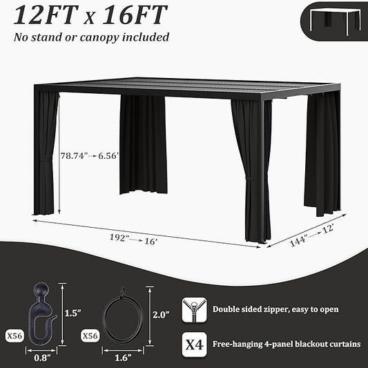 Gazebo Universal Replacement Privacy Curtain,12'×16' Gazebo Outdoor Waterproof Curtains, 4-Panels Sidewall Curtains with Double Zipper for Patio Canopy, Garden and Backyard (Curtain Only)