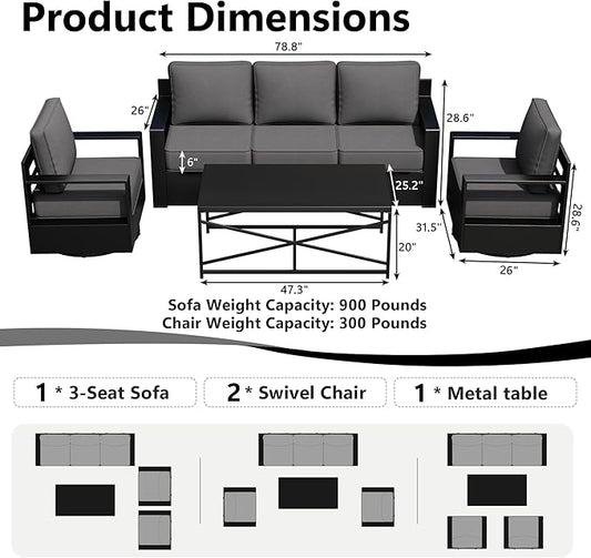 Outdoor Patio Furniture Set, 4-Piece Aluminum Patio Conversation Set All-Weather Metal Outdoor Sectional with 6 Inch Thick Cushions, Deep Setting for Garden, Outside and Porch