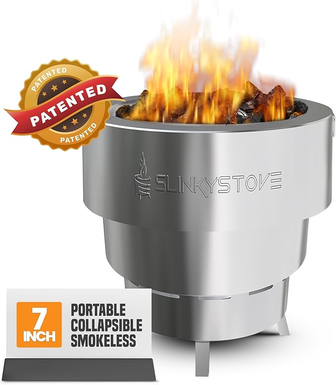 Slinky Stove Smokeless Fire Pit for Outdoor Wood-Burning - 7-Inch Patented Collapsible Firepit with Cooking Grill - Portable Stainless Steel Solo Pit for Camping, Backyard, Patio Bonfires
