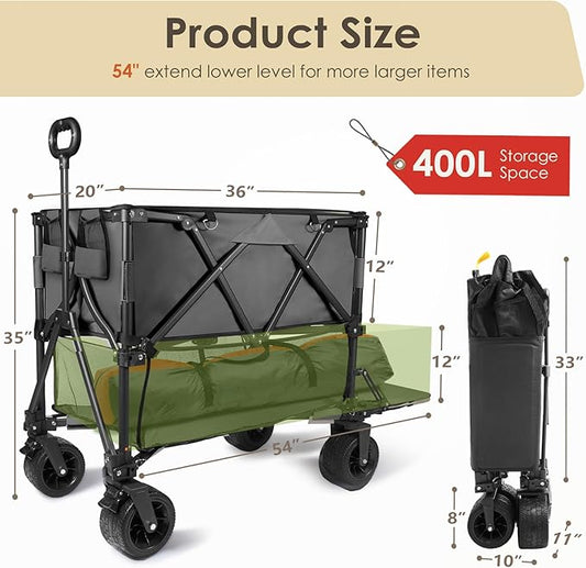 HOPERAN 400L XL Wagons Carts Foldable, 54" Extra Length Double Decker Collapsible Wagon Cart with Tailgate, 8" Big All-Terrain Wheels, 550lbs Load Utility Grocery Cart for Camping,Sports,Beach