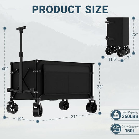 Favoyard Collapsible Wagon Carts Foldable 150L & 360LBS Folding Wagons w/All-Terrain Wheels & Brakes Portable Lightweight Utility Shopping Cart for Beach Grocery Sports Garden Camping Outdoor, Black