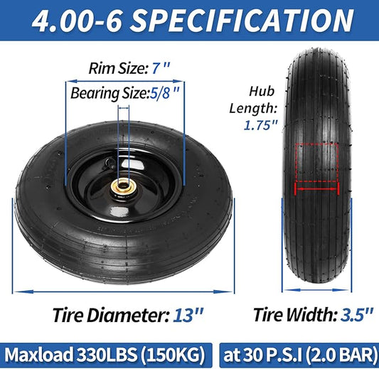 4.00-6 Tire and Wheel, 13" Wheelbarrow Pneumatic Tire, 5/8" & 3/4" Bearings, 1.75-6" Centered Hub,Sealed Bearings for Wheelbarrows Trolley Dolly Garden Wagon Cart Wheel Replacement