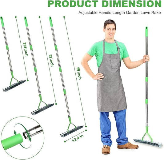 Thatch Rake, 66 Inch Long Dethatching Rake with 12.4 Inch Wide Double Sided Steel Teeth, Heavy Duty Garden Rakes with Efficient Metal Handle for Cleaning Grass, Loosening Lawn Soil