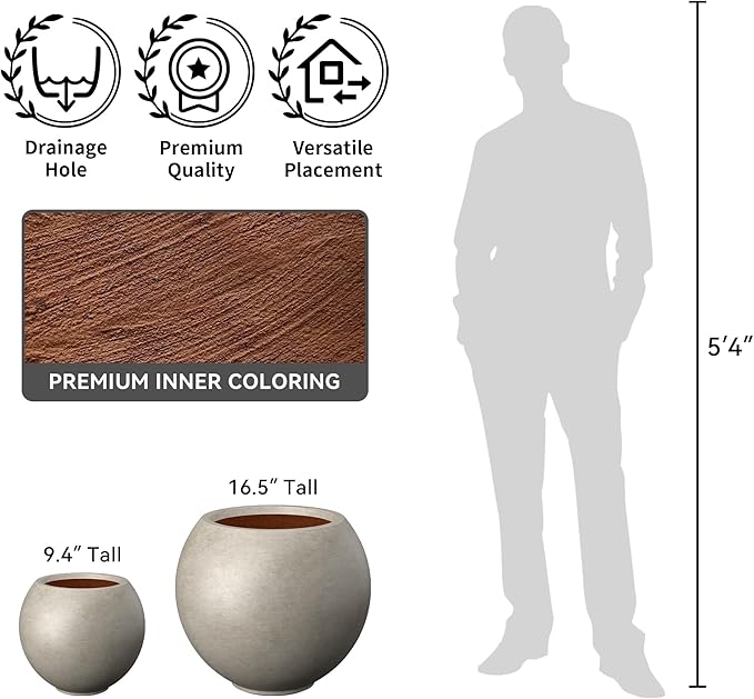 Kante Round Concrete Flower Pot, 11 Inch Dia (7.9" Opening) Sphere Shape Design Planter with Drainage Hole for Indoor & Outdoor Plants, Weathered Concrete Finish with Warm Brown Interior